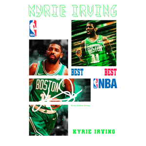 Imagem de um jogador da NBA vestido com uniforme verde do Boston Celtics, apresentando fotos em destaque e assinatura. O logotipo da NBA está visível, assim como elementos gráficos coloridos que destacam o jogador e a equipe.