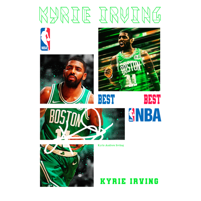 Imagem de um jogador da NBA vestido com uniforme verde do Boston Celtics, apresentando fotos em destaque e assinatura. O logotipo da NBA está visível, assim como elementos gráficos coloridos que destacam o jogador e a equipe.