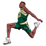 Jogador de basquete pulando em um movimento dinâmico, vestindo um uniforme verde do Seattle Supersonics, com ênfase na energia e habilidade atlética.