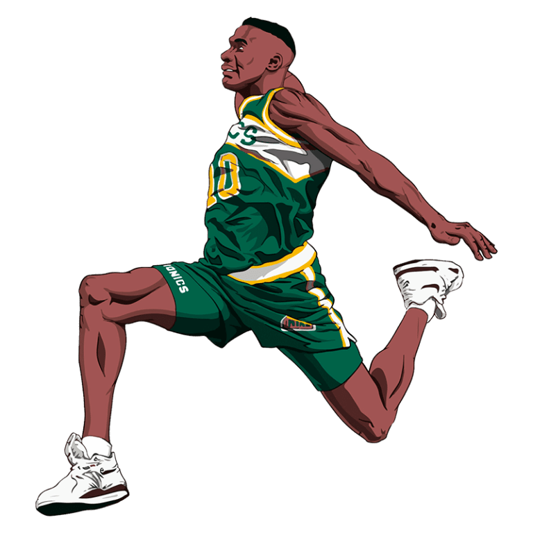 Jogador de basquete pulando em um movimento dinâmico, vestindo um uniforme verde do Seattle Supersonics, com ênfase na energia e habilidade atlética.