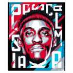 Ilustração colorida de um atleta com foco no rosto, exibindo um olhar confiante. O fundo apresenta elementos gráficos em vermelho, azul e preto, com texto estilizado que enfatiza a sua habilidade e presença no esporte. Ideal para representar a cultura esportiva e a arte relacionada.