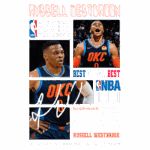 Imagem do jogador de basquete Russell Westbrook, apresentando-o em ação durante os playoffs da NBA. O design inclui o logotipo da NBA, a equipe Oklahoma City Thunder e uma breve biografia destacando sua carreira e conquistas. Altura do destaque visual e a mensagem sobre trabalho em equipe e inteligência no esporte.