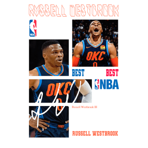 Imagem do jogador de basquete Russell Westbrook, apresentando-o em ação durante os playoffs da NBA. O design inclui o logotipo da NBA, a equipe Oklahoma City Thunder e uma breve biografia destacando sua carreira e conquistas. Altura do destaque visual e a mensagem sobre trabalho em equipe e inteligência no esporte.