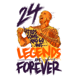 Desenho artístico de um jogador de basquete com a camiseta rasgada, comemorando. Inclui o número "24" e a frase "Heróis vêm e vão, mas lendas são para sempre". Estilo vibrante e expressivo que transmite emoção e legado no esporte.