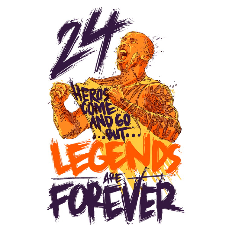 Desenho artístico de um jogador de basquete com a camiseta rasgada, comemorando. Inclui o número "24" e a frase "Heróis vêm e vão, mas lendas são para sempre". Estilo vibrante e expressivo que transmite emoção e legado no esporte.