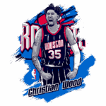 Ilustração de Christian Wood, jogador da NBA, vestido com o uniforme dos Houston Rockets, celebrando com os punhos cerrados em um fundo vibrante com as cores da equipe.
