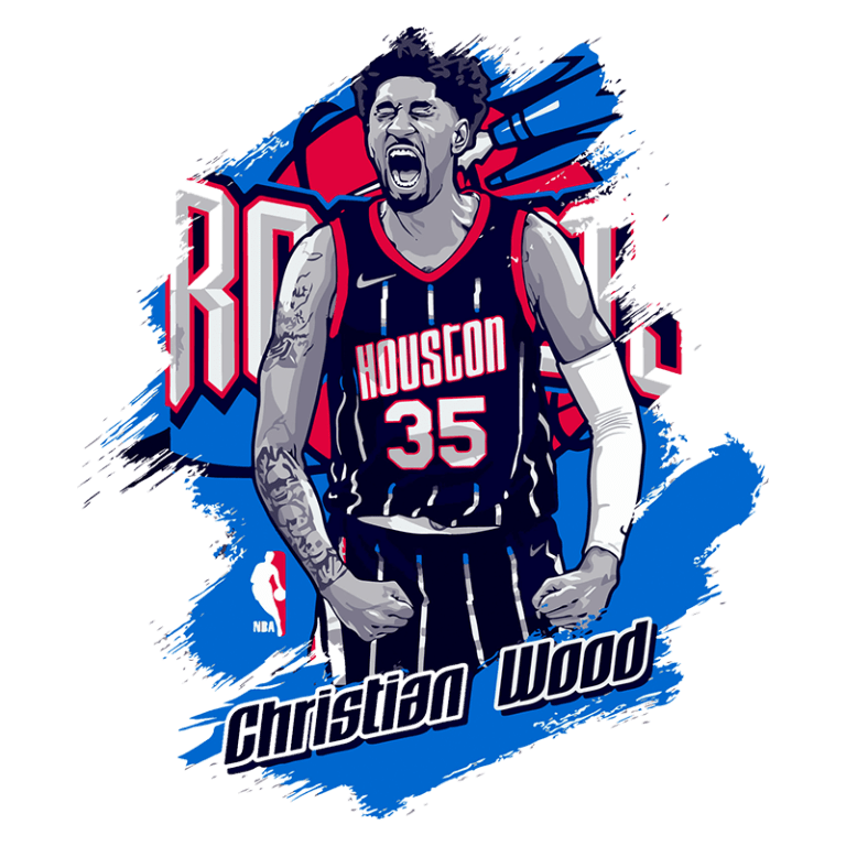 Ilustração de Christian Wood, jogador da NBA, vestido com o uniforme dos Houston Rockets, celebrando com os punhos cerrados em um fundo vibrante com as cores da equipe.
