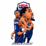 Ilustração de Kevin Durant em uniforme da seleção americana de basquete, destacando sua ação em quadra com a bola. O fundo apresenta o logotipo da USA Basketball.