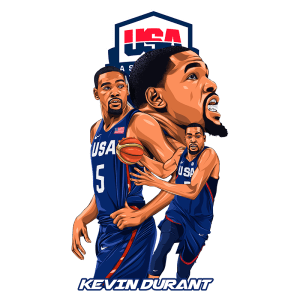 Ilustração de Kevin Durant em uniforme da seleção americana de basquete, destacando sua ação em quadra com a bola. O fundo apresenta o logotipo da USA Basketball.