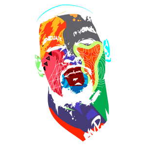 Ilustração estilizada de um rosto com cores vibrantes e elementos gráficos, destacando a mistura de arte moderna e graffiti. A imagem utiliza tons de azul, vermelho, amarelo e verde, criando um efeito visual impactante. Ideal para temas relacionados à arte urbana e cultura contemporânea.