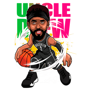 Ilustração de personagem estilizado de Kyrie Irving como "Uncle Drew", jogando basquete com uma bola, usando uniforme do Brooklyn Nets e com um fundo colorido.