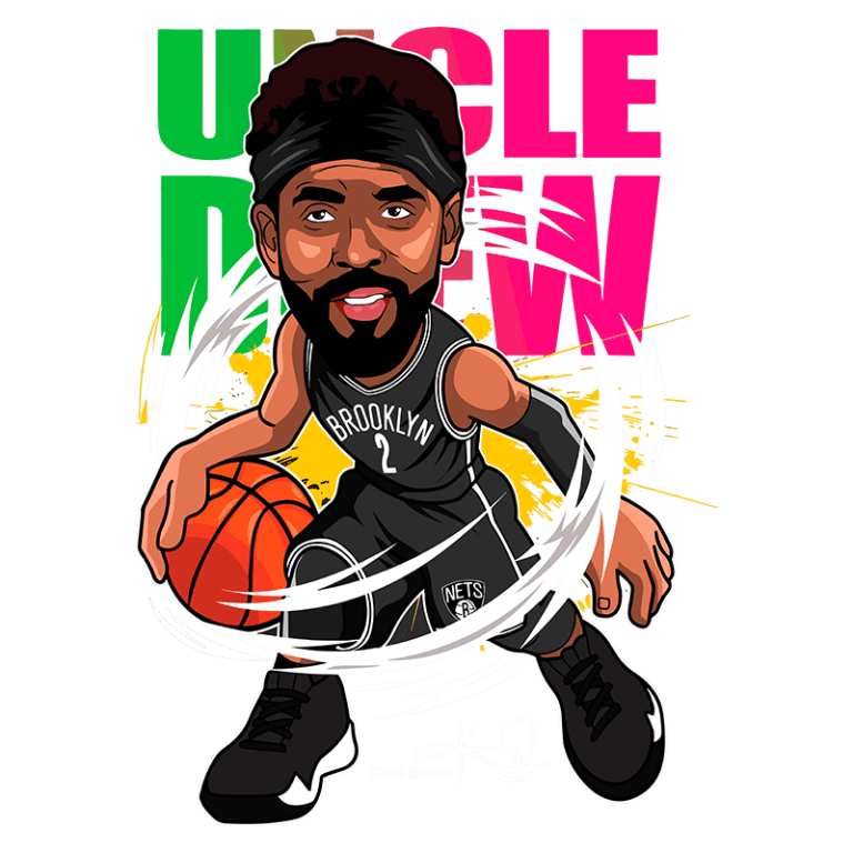 Ilustração de personagem estilizado de Kyrie Irving como "Uncle Drew", jogando basquete com uma bola, usando uniforme do Brooklyn Nets e com um fundo colorido.
