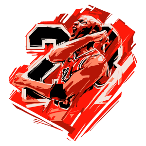 Ilustração estilizada de um jogador de basquete em uma celebração energética, usando um uniforme vermelho com o número 23, simbolizando a emoção e a paixão pelo esporte.