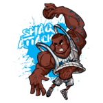 Desenho estilizado de um jogador de basquete musculoso em ação, segurando uma bola, com a frase "Shaq Attack" ao fundo em azul. O personagem usa um uniforme branco e azul, simbolizando seu estilo energético e poderoso no esporte. Ideal para fãs de basquete e cultura pop.