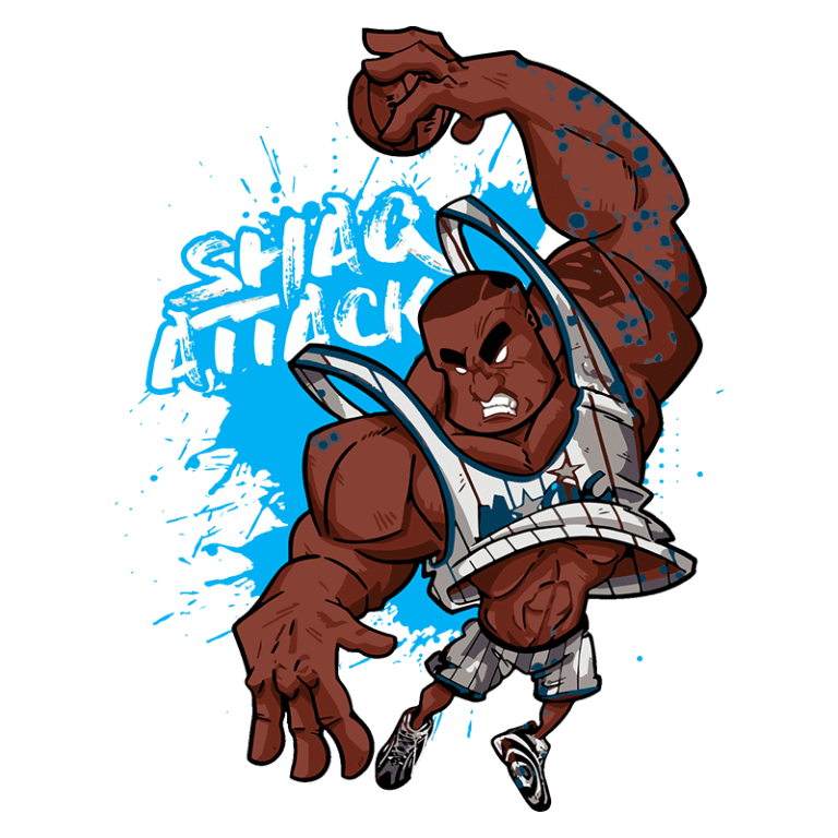 Desenho estilizado de um jogador de basquete musculoso em ação, segurando uma bola, com a frase "Shaq Attack" ao fundo em azul. O personagem usa um uniforme branco e azul, simbolizando seu estilo energético e poderoso no esporte. Ideal para fãs de basquete e cultura pop.