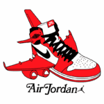 Imagem estilizada de um tênis Air Jordan, destacando o modelo em vermelho e branco com detalhes em preto e um design que combina elementos de aviação. Inclui o logotipo da Nike SB.