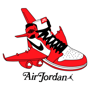 Imagem estilizada de um tênis Air Jordan, destacando o modelo em vermelho e branco com detalhes em preto e um design que combina elementos de aviação. Inclui o logotipo da Nike SB.