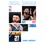 Imagem de Jamal Murray, jogador de basquete da NBA, destacando suas participações nos playoffs. Inclui fotos dele em ação e informações sobre sua carreira. Texto menciona sua habilidade e importância no time do Denver Nuggets, além de sua escolha no draft de 2016.