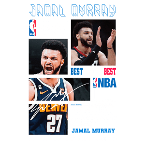 Imagem de Jamal Murray, jogador de basquete da NBA, destacando suas participações nos playoffs. Inclui fotos dele em ação e informações sobre sua carreira. Texto menciona sua habilidade e importância no time do Denver Nuggets, além de sua escolha no draft de 2016.