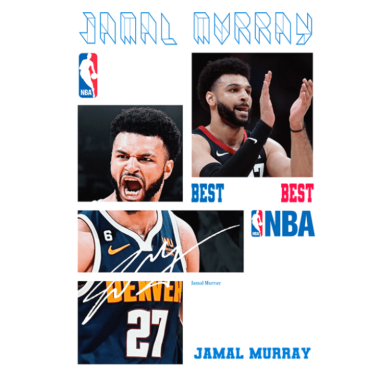 Imagem de Jamal Murray, jogador de basquete da NBA, destacando suas participações nos playoffs. Inclui fotos dele em ação e informações sobre sua carreira. Texto menciona sua habilidade e importância no time do Denver Nuggets, além de sua escolha no draft de 2016.