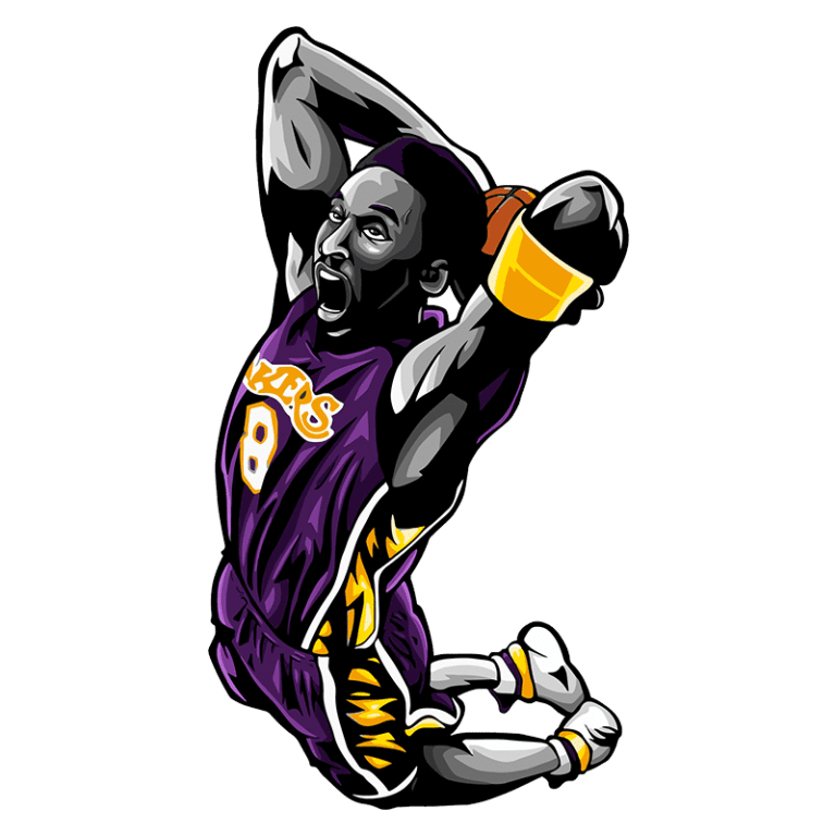 Jogador de basquete em ação, vestindo uniforme roxo e dourado do Los Angeles Lakers, realizando uma enterrada. A ilustração destaca a intensidade e a habilidade atlética do jogador.