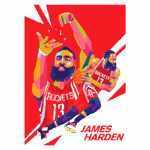 Ilustração colorida de James Harden jogando pelo Houston Rockets, destacando sua habilidade no basquete com movimentos dinâmicos e um fundo vibrante.