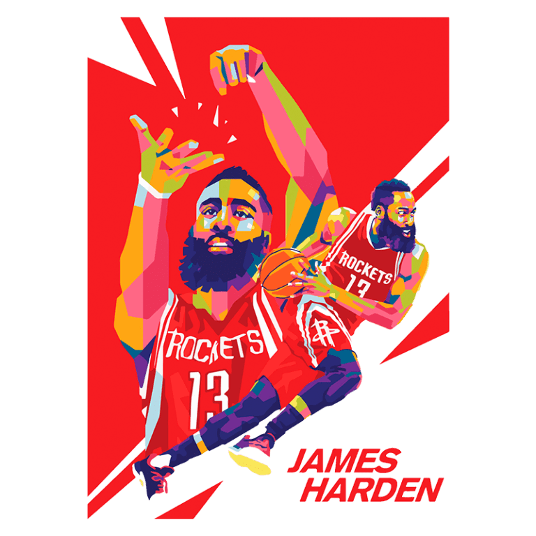 Ilustração colorida de James Harden jogando pelo Houston Rockets, destacando sua habilidade no basquete com movimentos dinâmicos e um fundo vibrante.