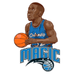 Ilustração de jogador de basquete com uniforme do Orlando Magic, segurando uma bola de basquete em ação, com o logo da equipe abaixo.