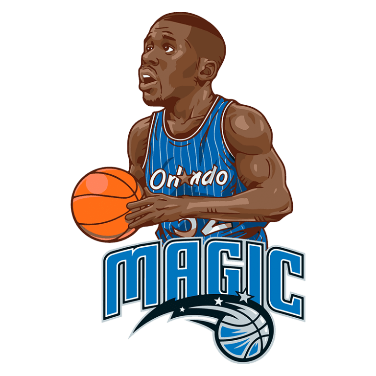Ilustração de jogador de basquete com uniforme do Orlando Magic, segurando uma bola de basquete em ação, com o logo da equipe abaixo.