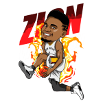 Ilustração de jogador de basquete Zion Williamson, vestindo uniforme do New Orleans Pelicans, driblando uma bola de basquete com fundo flamejante, destacando sua habilidade e energia em quadra.