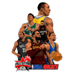 Ilustração dos grandes jogadores da NBA, incluindo ícones como Kobe Bryant, LeBron James, Kevin Durant, James Harden e Giannis Antetokounmpo, com logotipo da All-Star e NBA Greats.