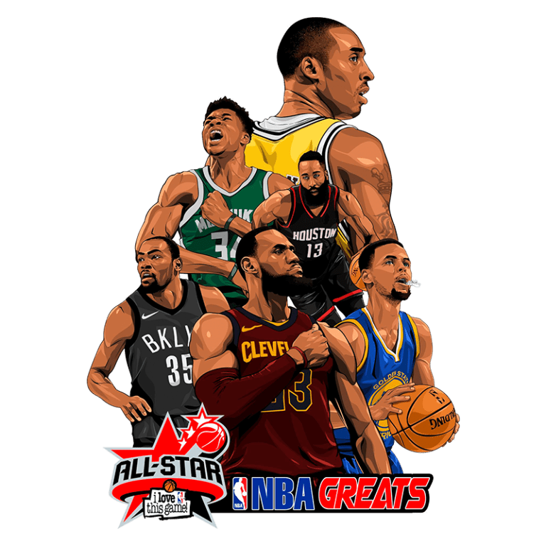 Ilustração dos grandes jogadores da NBA, incluindo ícones como Kobe Bryant, LeBron James, Kevin Durant, James Harden e Giannis Antetokounmpo, com logotipo da All-Star e NBA Greats.
