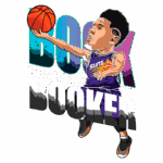 Ilustração do jogador de basquete Devin Booker, do Phoenix Suns, em movimento para arremessar a bola. Ao fundo, o nome "BOOK" destaca-se em cores vibrantes.