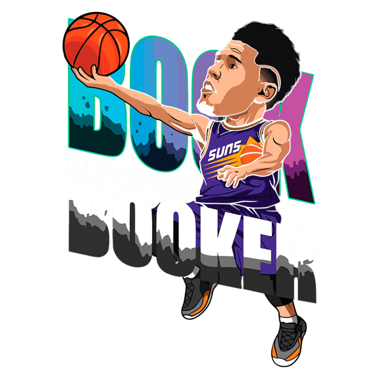 Ilustração do jogador de basquete Devin Booker, do Phoenix Suns, em movimento para arremessar a bola. Ao fundo, o nome "BOOK" destaca-se em cores vibrantes.