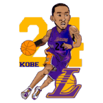 Ilustração de Kobe Bryant usando o uniforme do Los Angeles Lakers, driblando uma bola de basquete. Destaca o número 24 na camiseta e o logotipo da equipe ao fundo. Ideal para fãs de basquete e colecionadores de memorabilia esportiva.