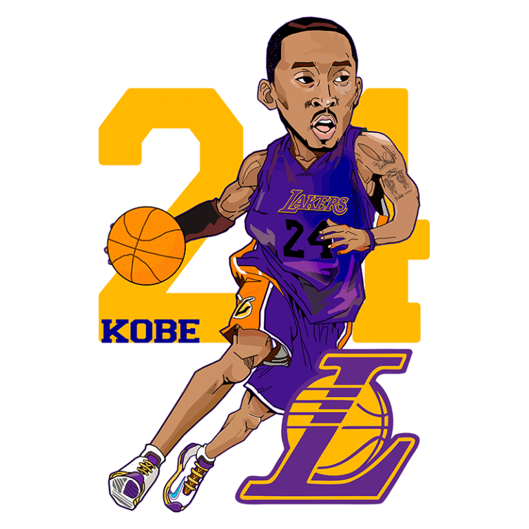 Ilustração de Kobe Bryant usando o uniforme do Los Angeles Lakers, driblando uma bola de basquete. Destaca o número 24 na camiseta e o logotipo da equipe ao fundo. Ideal para fãs de basquete e colecionadores de memorabilia esportiva.