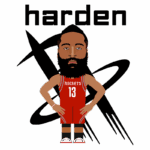 Personagem de basquete em estilo cartoon, representando um jogador com barba, usando o uniforme do Houston Rockets, com a numeração 13. O fundo contém o nome "harden" e elementos gráficos relacionados ao time.