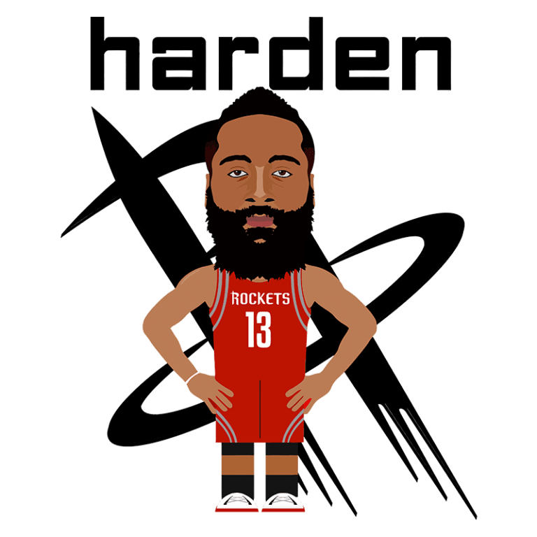Personagem de basquete em estilo cartoon, representando um jogador com barba, usando o uniforme do Houston Rockets, com a numeração 13. O fundo contém o nome "harden" e elementos gráficos relacionados ao time.