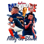 Imagem do jogador de futebol Kylian Mbappé, com uniforme da seleção francesa, celebrando e posando para a câmera. O fundo apresenta a Taça do Mundo e a frase "Allez les Bleus!", simbolizando o apoio à seleção na Copa do Mundo.