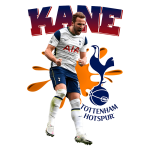 Imagem do jogador Harry Kane festejando após um gol, vestindo a camisa do Tottenham Hotspur, com o logo do clube e destaque visual em um fundo colorido.