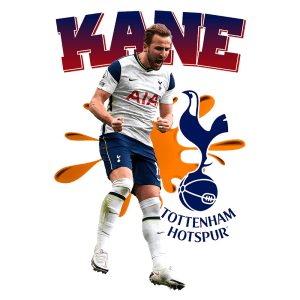Imagem do jogador Harry Kane festejando após um gol, vestindo a camisa do Tottenham Hotspur, com o logo do clube e destaque visual em um fundo colorido.