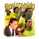 Imagem de Ronaldinho, jogador de futebol brasileiro, mostrando várias poses e momentos icônicos. Inclui sua celebração com a camisa da Seleção Brasileira, a conquista da Bola de Ouro, e imagens do jogador em ação. Destaque para seu estilo único e carisma no futebol.