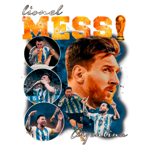 Imagem digital de Lionel Messi, destacando momentos icônicos de sua carreira na seleção argentina. Inclui imagens dele levantando a taça da Copa do Mundo, comemorando gols e sua icônica camisa 10. Ideal para fãs de futebol e admiradores do jogador.