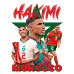 Imagem de Achraf Hakimi em destaque, jogador da seleção de Marrocos, com três poses diferentes: uma segurando um troféu, outra em sua camisa de jogo, e uma sorrindo. O fundo é composto por cores vibrantes e elementos gráficos representativos do Marrocos.