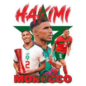 Imagem de Achraf Hakimi em destaque, jogador da seleção de Marrocos, com três poses diferentes: uma segurando um troféu, outra em sua camisa de jogo, e uma sorrindo. O fundo é composto por cores vibrantes e elementos gráficos representativos do Marrocos.