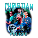 Imagem de Christian Pulisic, jogador de futebol em ação. A arte exibe diversas poses dele, incluindo momentos de celebração e jogo, com elementos gráficos em azul e verde ao fundo. Destaque para o logo do Chelsea e a presença de outros jogadores.
