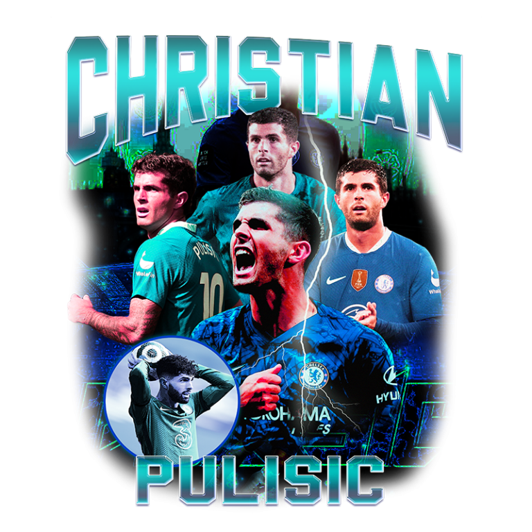 Imagem de Christian Pulisic, jogador de futebol em ação. A arte exibe diversas poses dele, incluindo momentos de celebração e jogo, com elementos gráficos em azul e verde ao fundo. Destaque para o logo do Chelsea e a presença de outros jogadores.