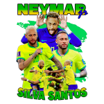 Imagem do jogador de futebol Neymar Jr., com várias poses e expressões, usando uniformes da seleção brasileira. O fundo apresenta elementos gráficos vibrantes em verde e amarelo, destacando sua popularidade no futebol.