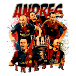 Imagem ilustrativa de Andrés Iniesta, jogador de futebol espanhol, destacando momentos de sua carreira com o Barcelona e a seleção espanhola, incluindo celebrações e conquistas, com o texto "ANDRES INIESTA" em destaque.