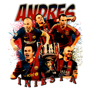 Imagem ilustrativa de Andrés Iniesta, jogador de futebol espanhol, destacando momentos de sua carreira com o Barcelona e a seleção espanhola, incluindo celebrações e conquistas, com o texto "ANDRES INIESTA" em destaque.